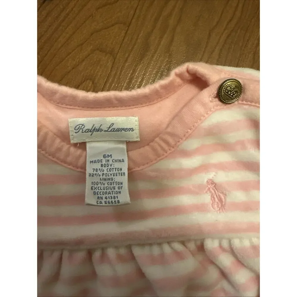 Baby Girls Ralph Lauren Pony Logo Pink White Stripe Romper Outfit Size 6 Months